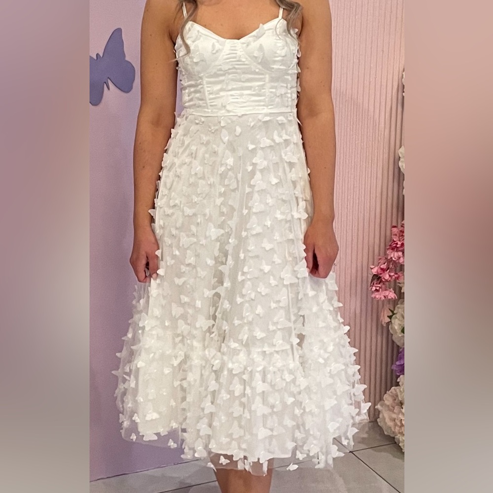 Lulu’s White Butterfly Lace-Up Midi Dress